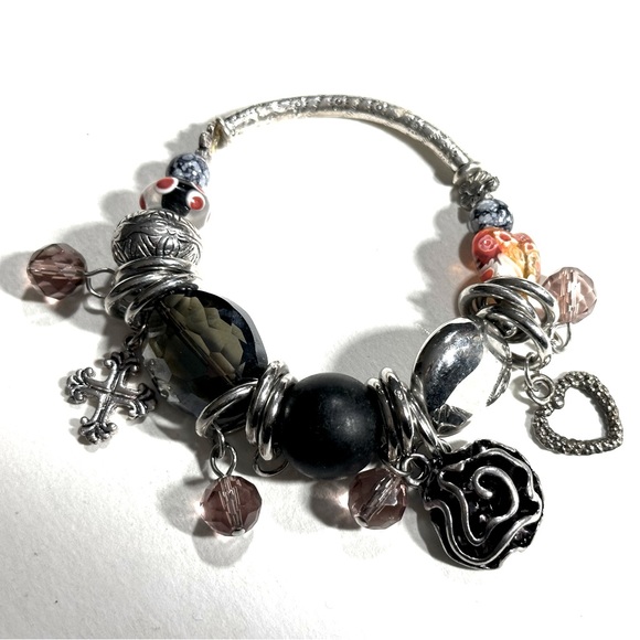 Jewelry - 5/$25 Chunky Charm Stretch Bracelet Multicolor Glass Metal Maltese Cross Heart